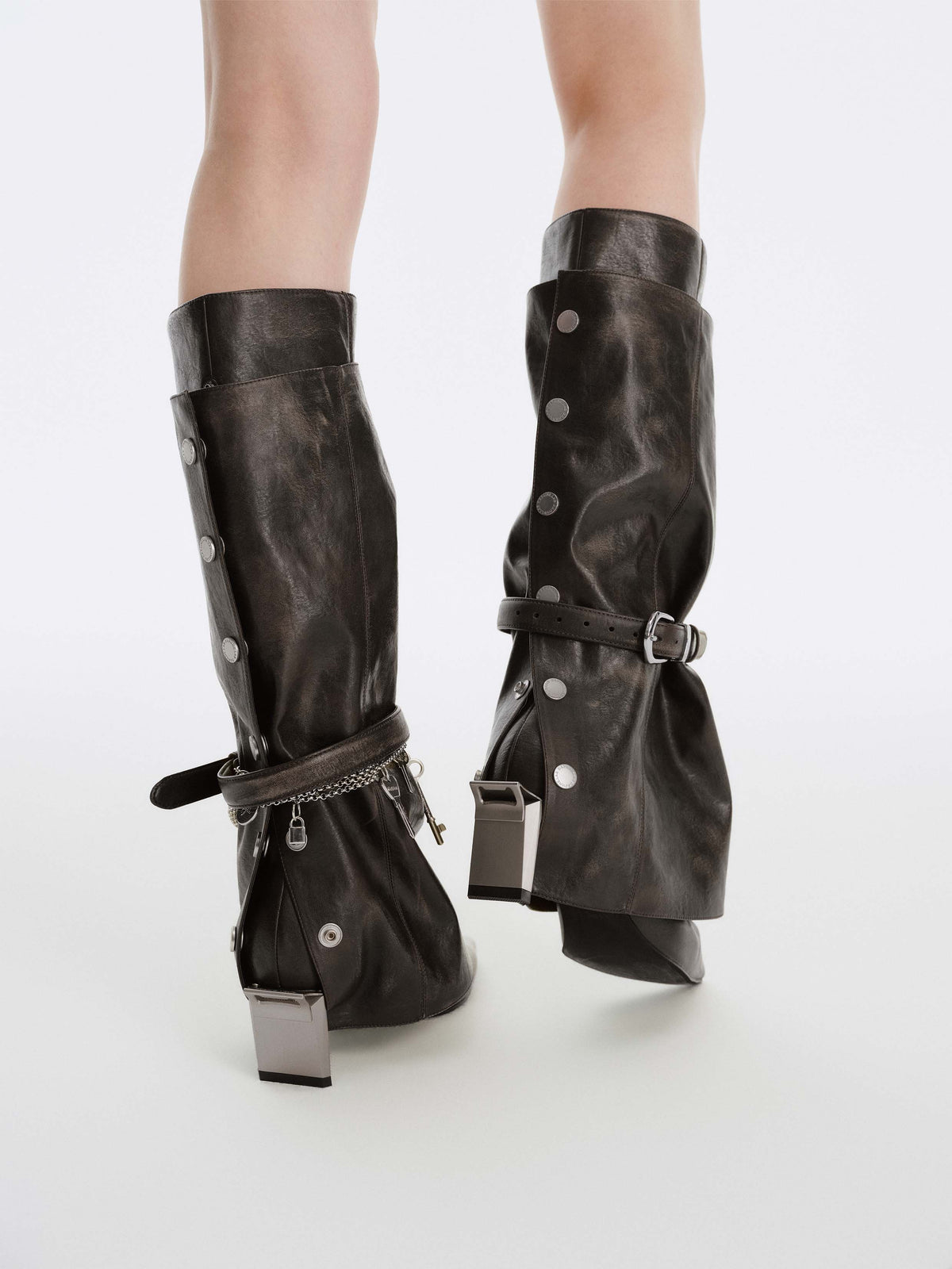 KER Detachable Gaiter Knee-High Boots Distressed Black