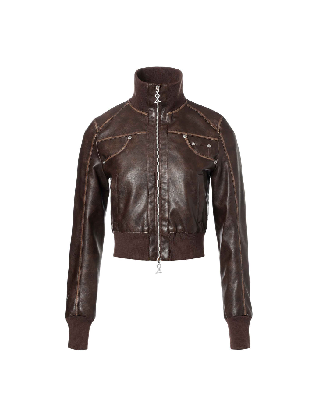 Vintage Washed Cropped Biker Jacket Dark Brown