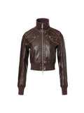 Vintage Washed Cropped Biker Jacket Dark Brown