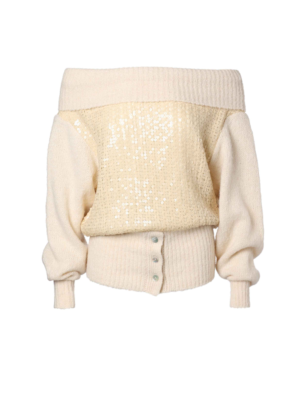 Off-Shoulder Sequin Knit Sweater Beige