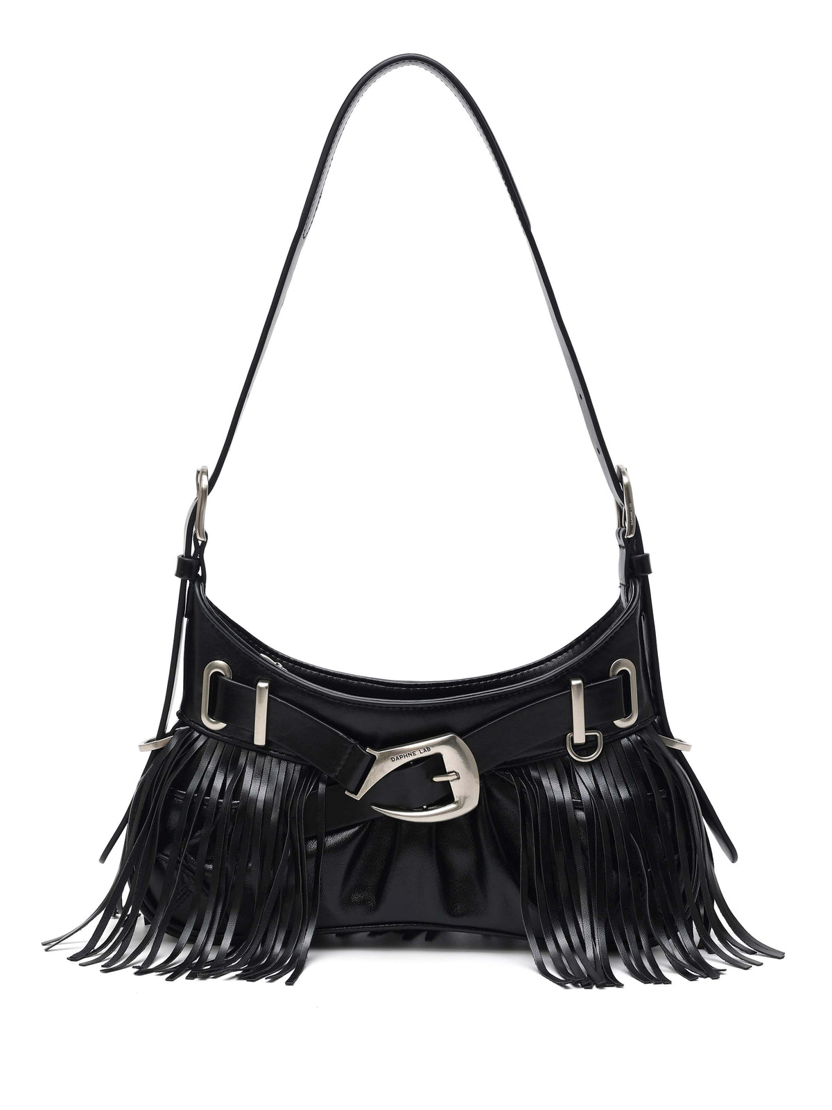 MAIA Buckled Fringe Shoulder Bag Black