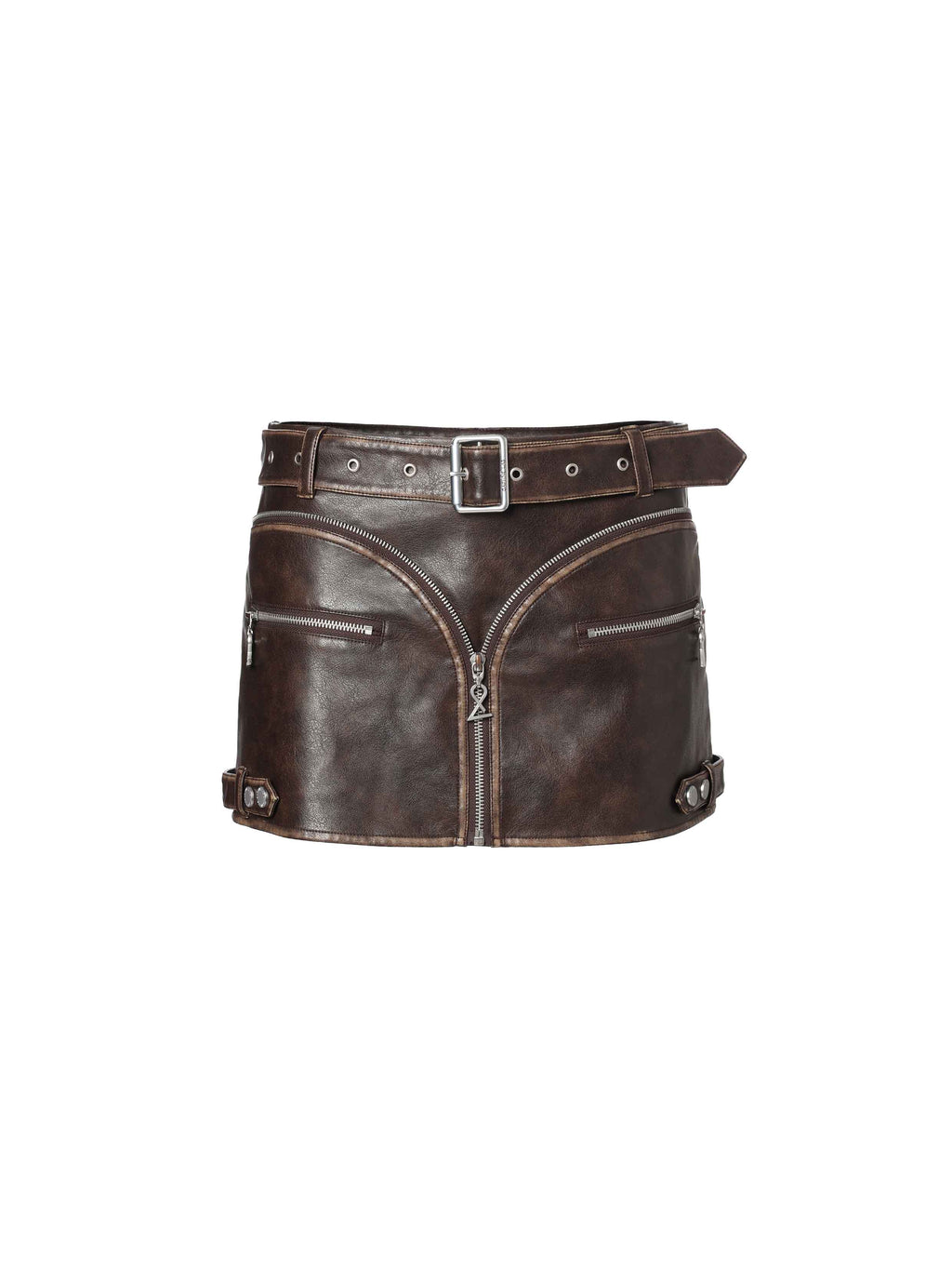 Distressed Biker Buckle Mini Skirt Brown