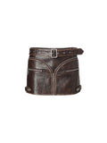 Distressed Biker Buckle Mini Skirt Brown