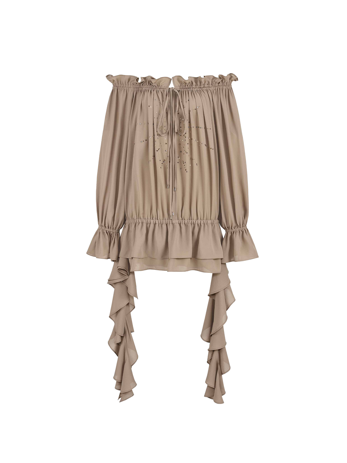 Crystal Ruffle Off-Shoulder Blouse Brown
