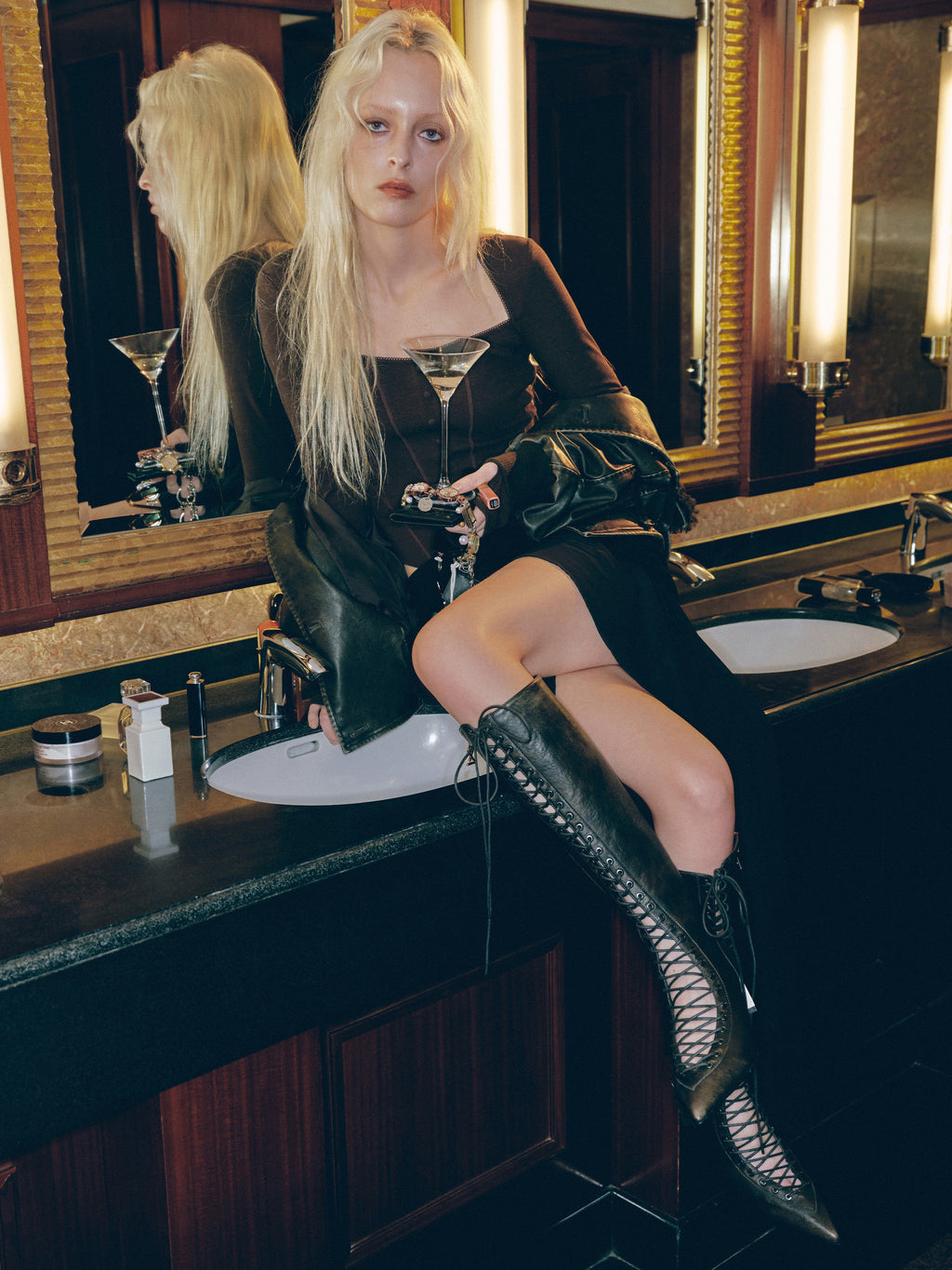 MELINOE Lace-Up Knee-High Boots Distressed Black
