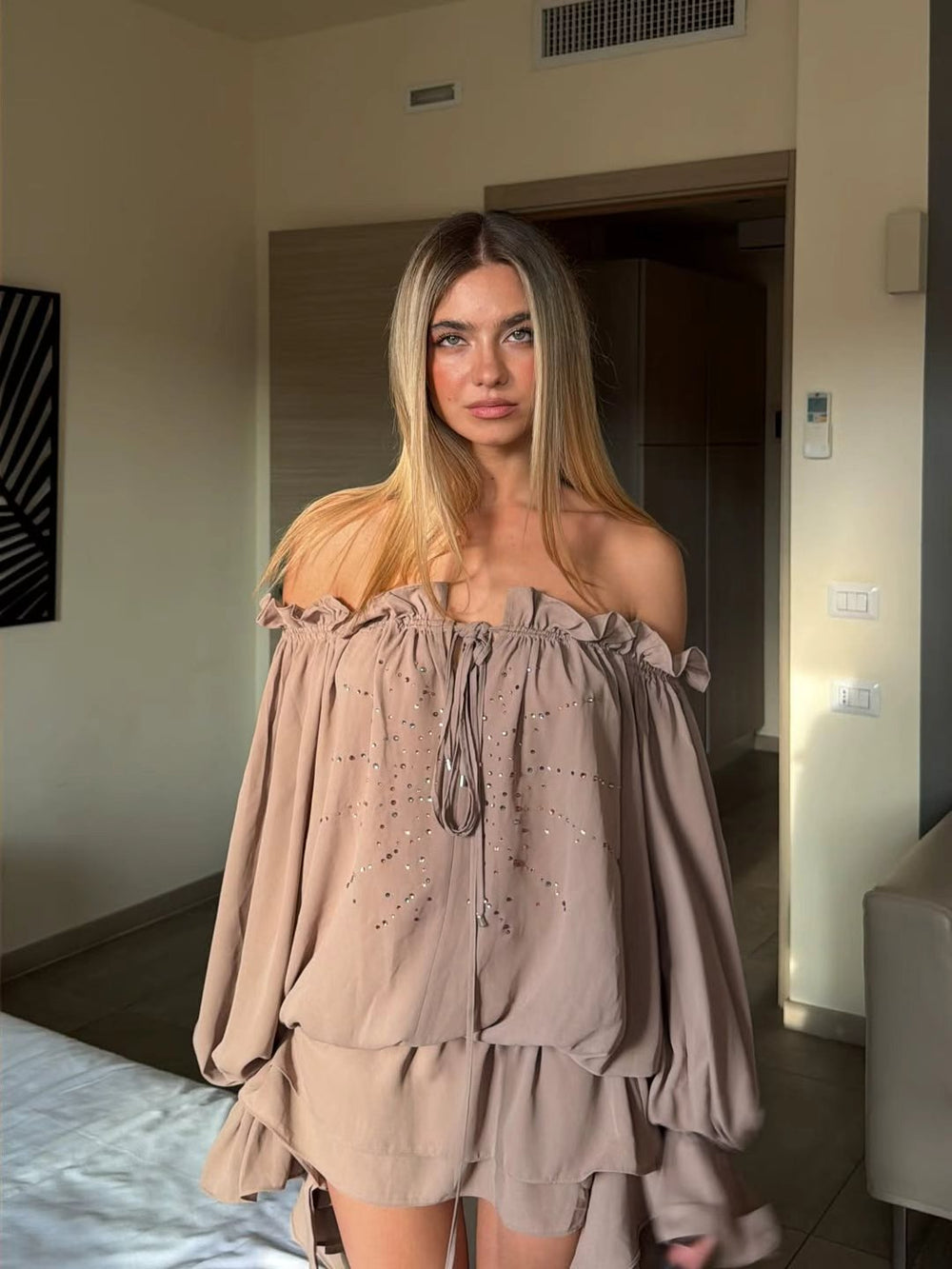 Crystal Ruffle Off-Shoulder Blouse Brown