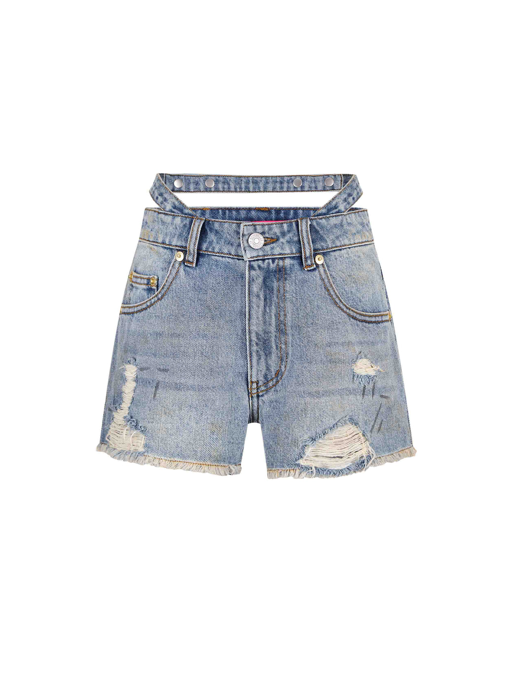Double-Waist Distressed Denim Shorts