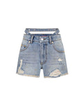 Double-Waist Distressed Denim Shorts