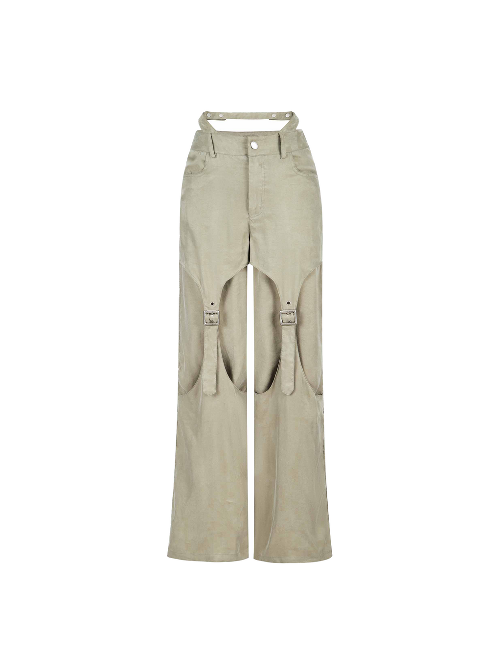 Cutout Buckle Straight-Leg Pants Sage Beige