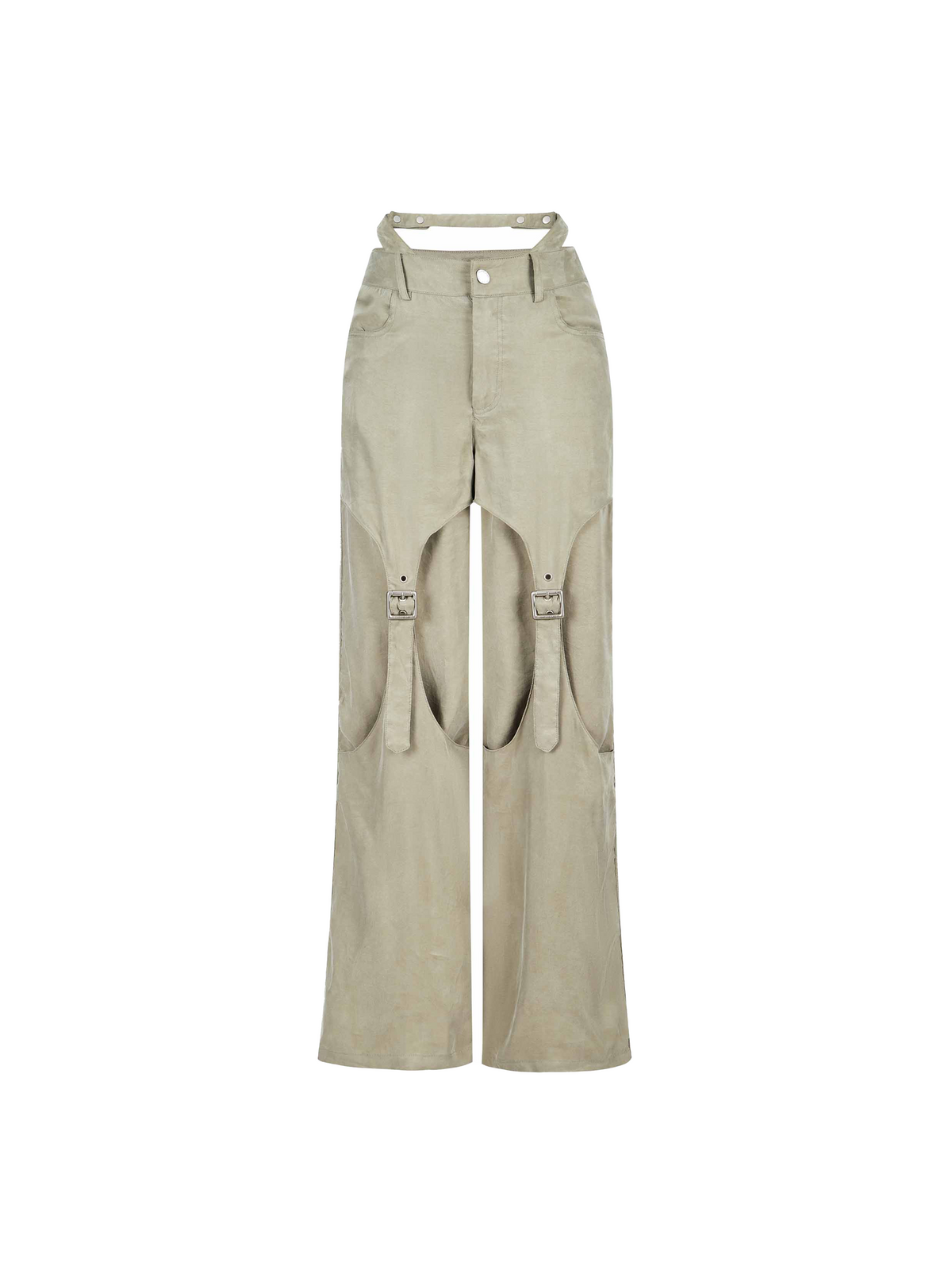 Cutout Buckle Straight-Leg Pants Sage Beige