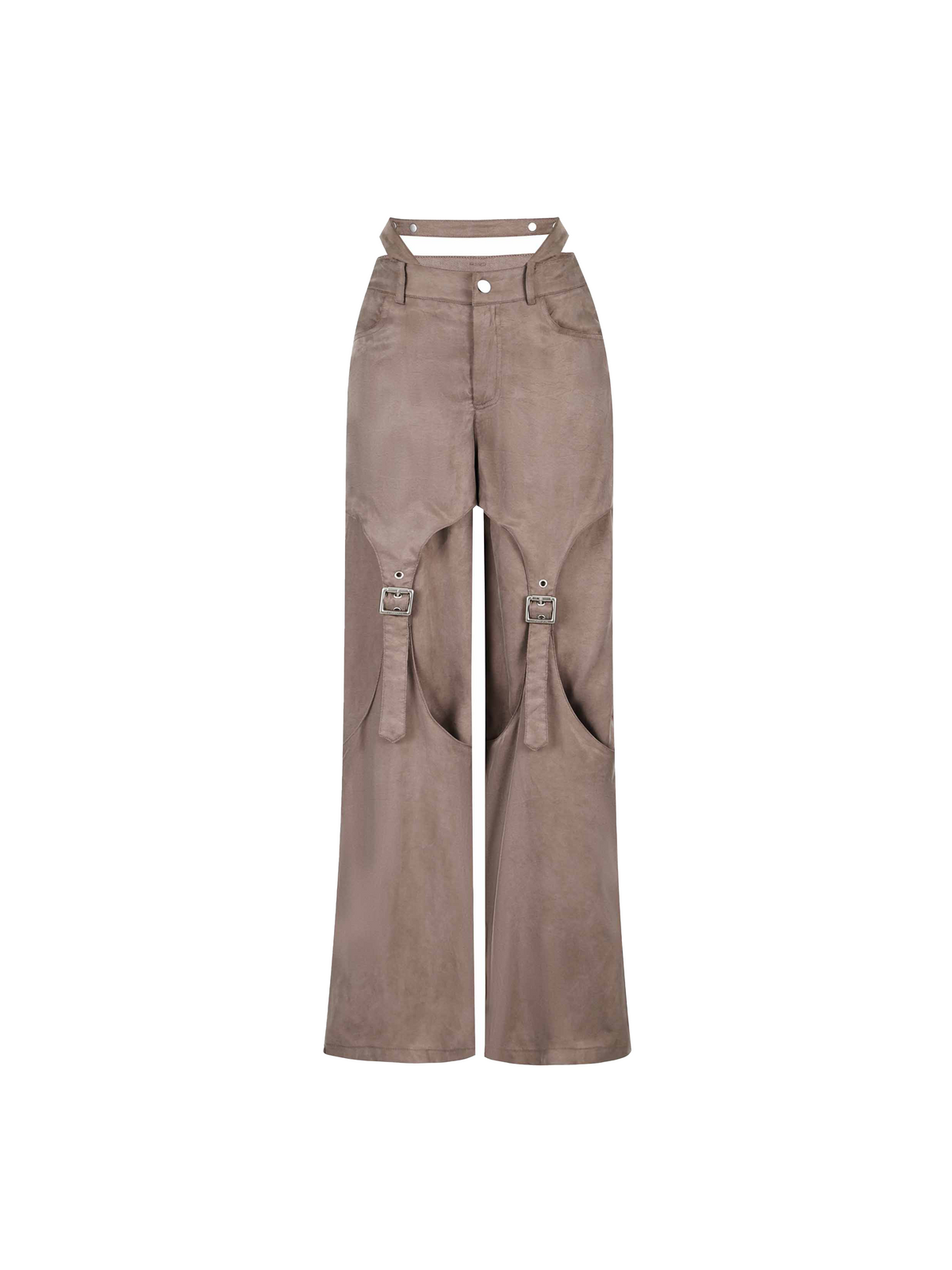 Cutout Buckle Straight-Leg Pants Taupe Brown