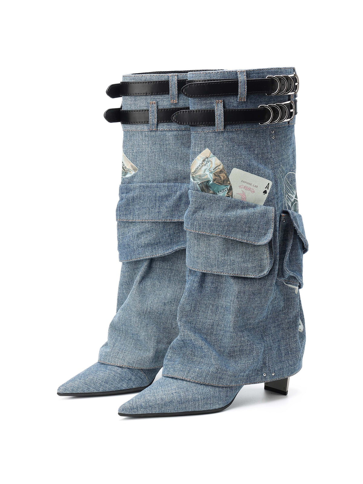 ADRASTEIA Graphic Denim Cargo Knee-High Boots Blue