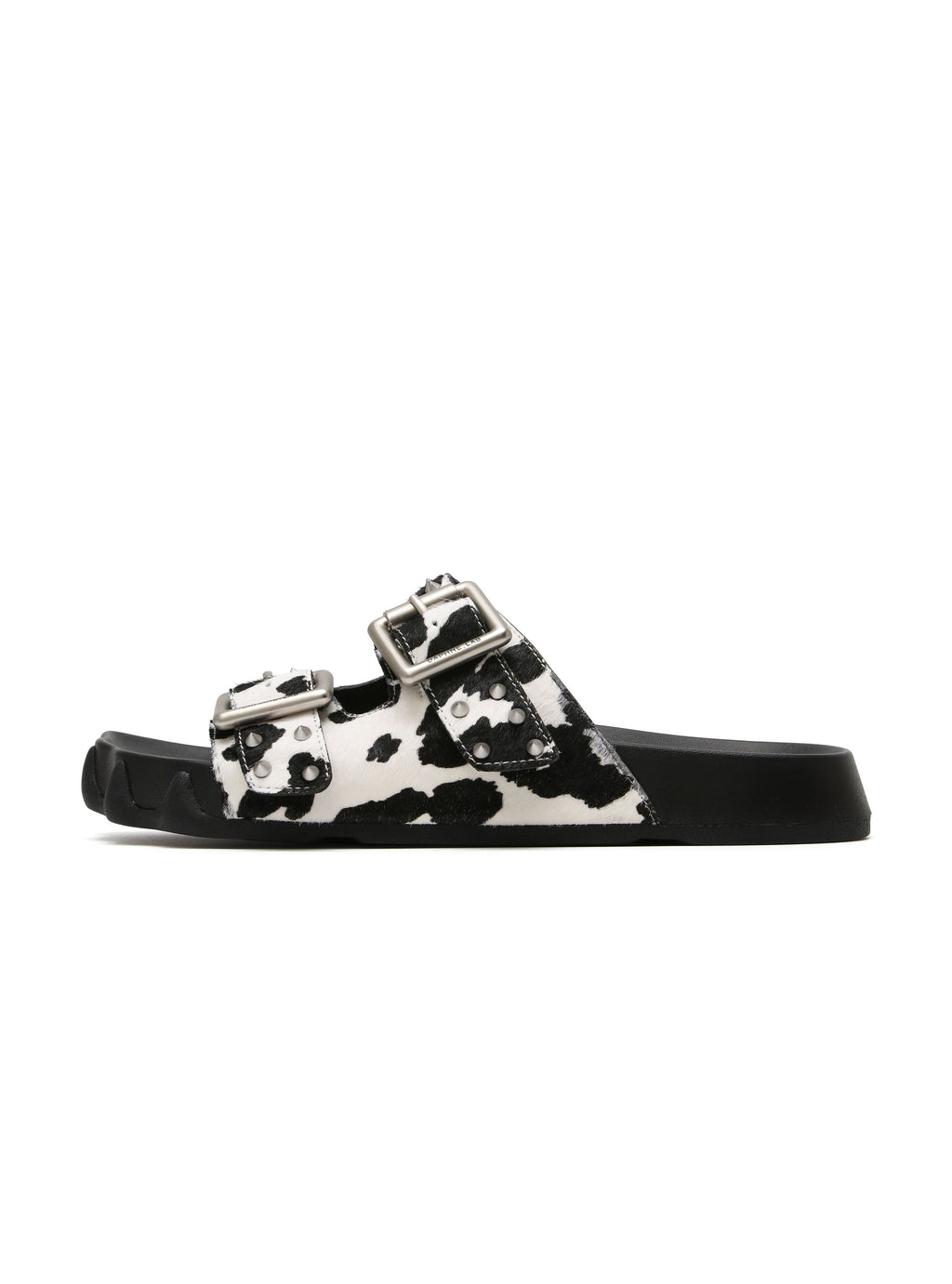 HARPINA Studded Paw Sole Slides Cow Print Pony Hair