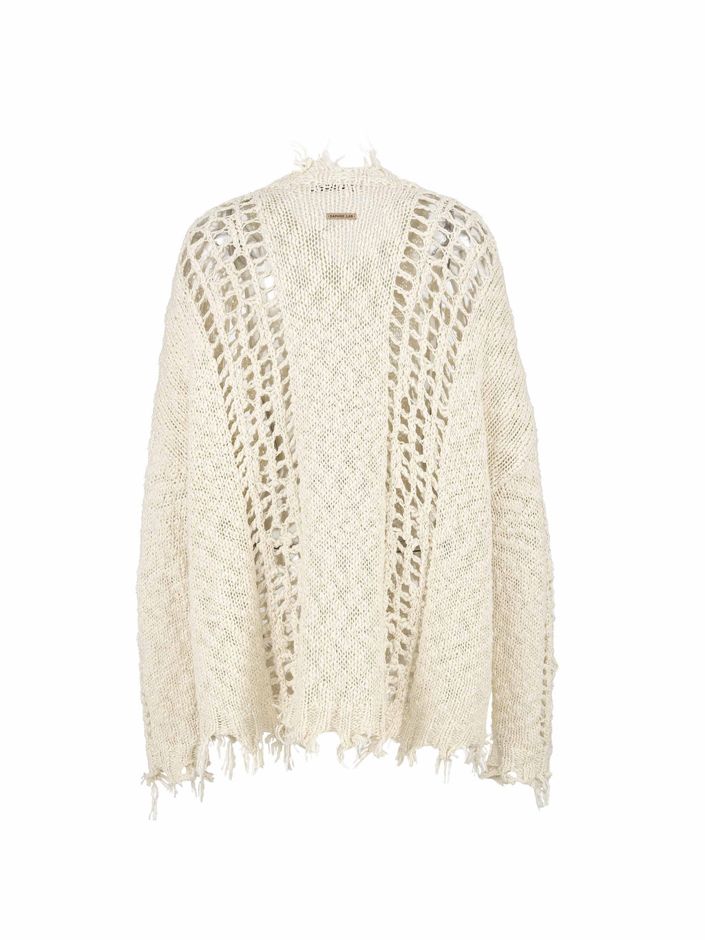 Distressed Open-Knit Oversized Cardigan Ivory White