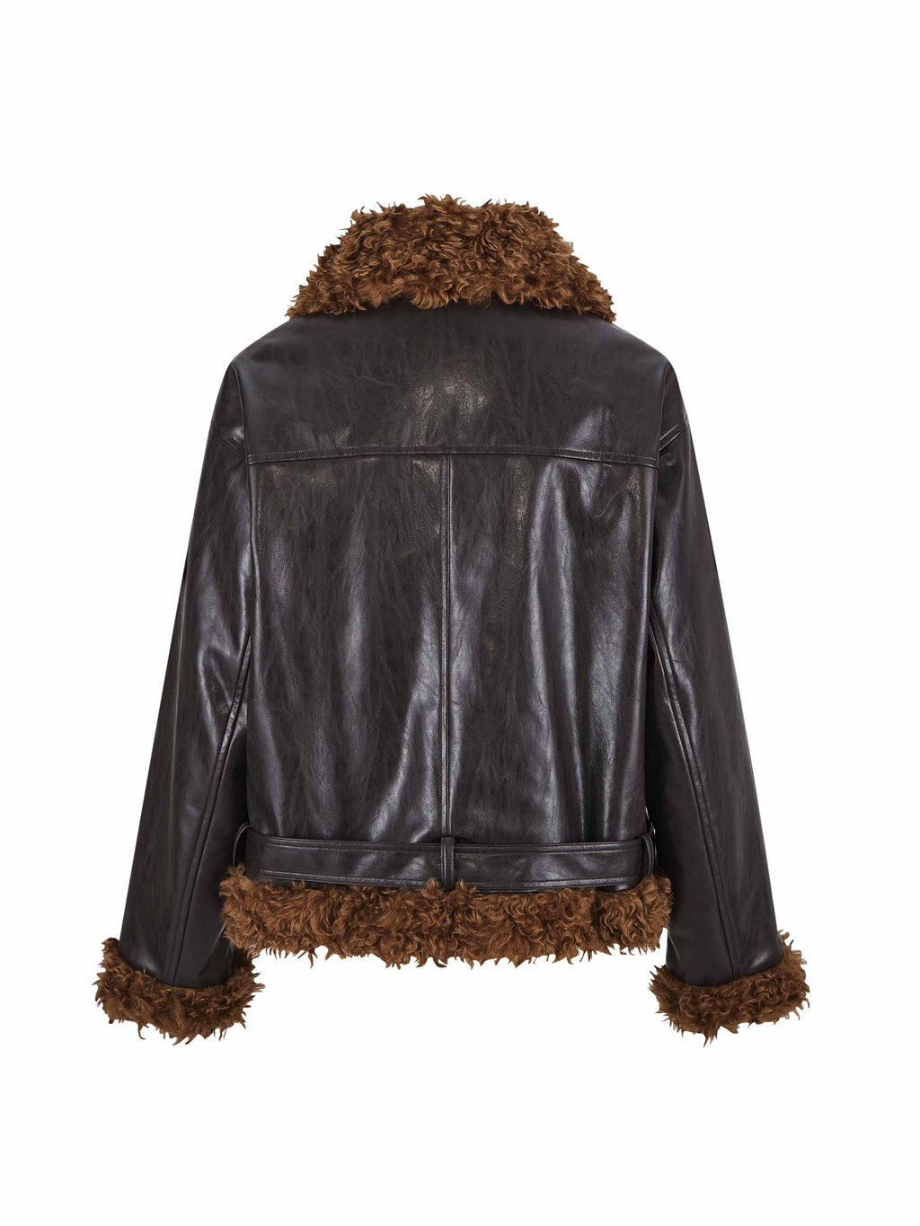 Faux Shearling Belted Biker Jacket Espresso Brown