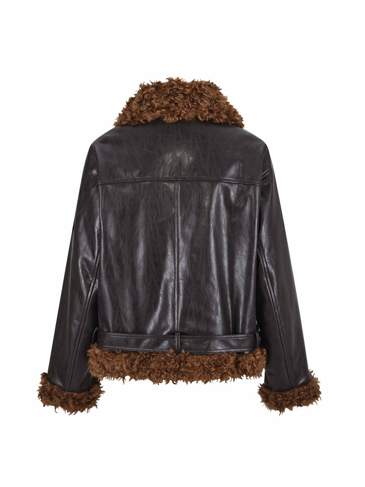 Faux Shearling Belted Biker Jacket Espresso Brown