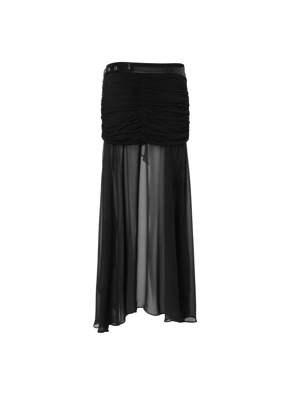 Ruched Asymmetric Chiffon Maxi Skirt Black