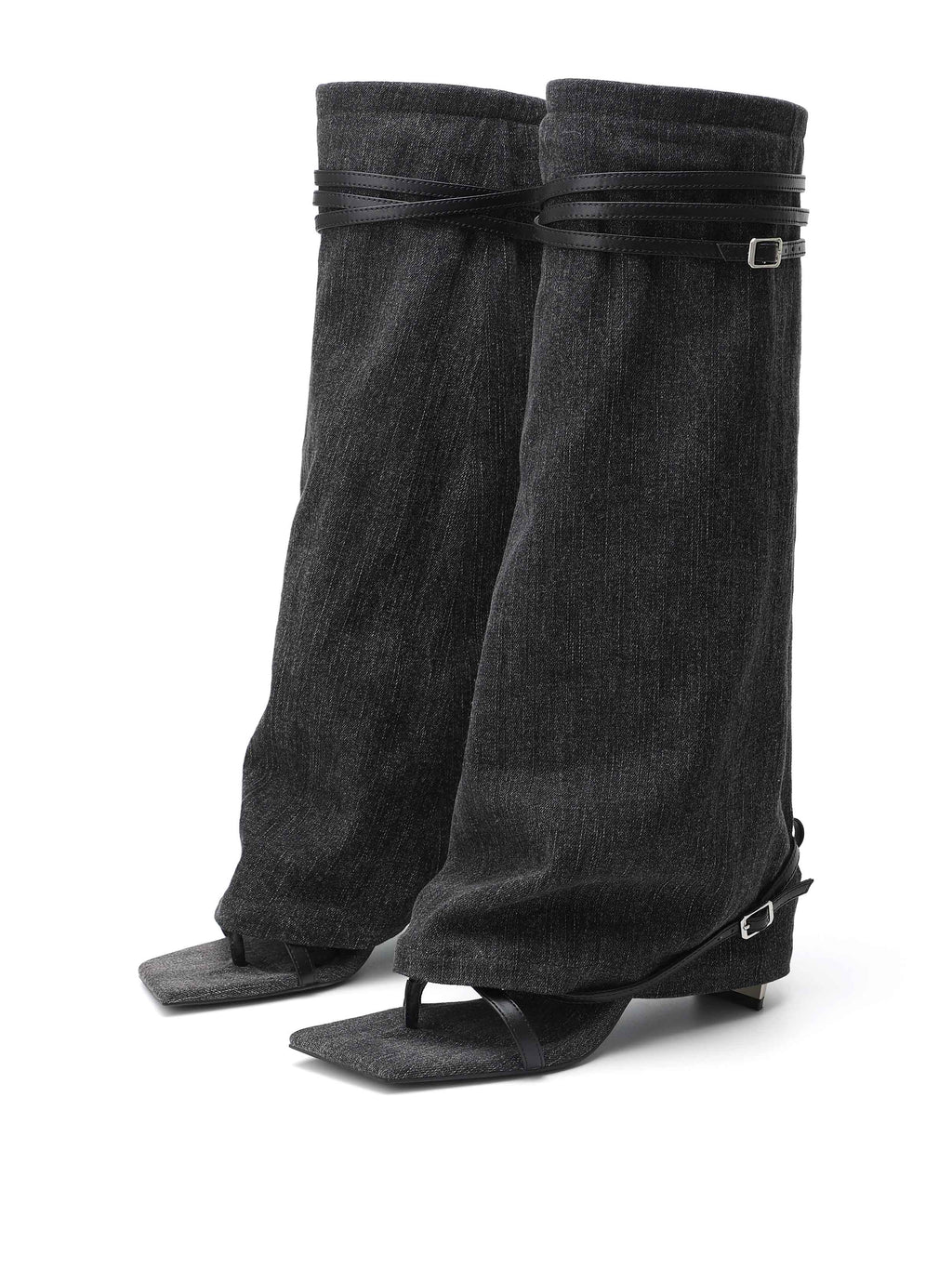 IDA Denim Toe-Ring Knee-High Boots Black