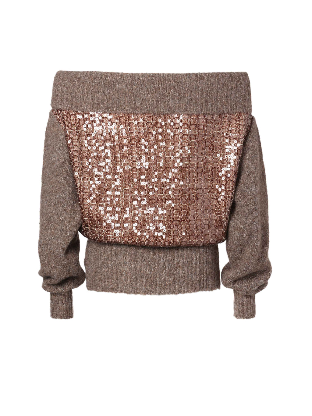 Off-Shoulder Sequin Knit Sweater Taupe Brown