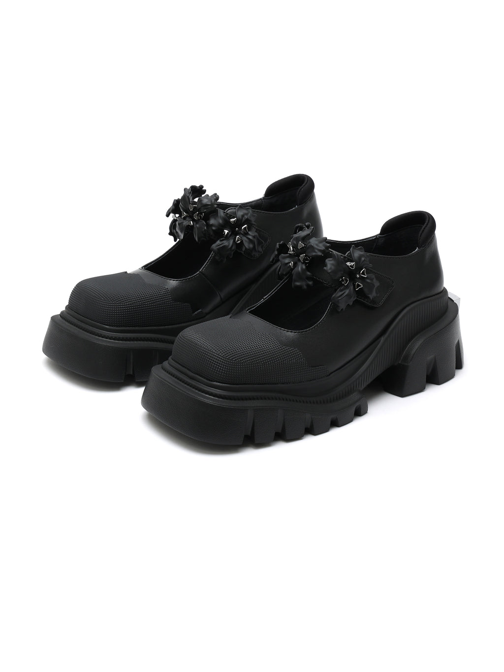PASITHEA Mary Janes mit Blumenbesatz, klobig, Schwarz