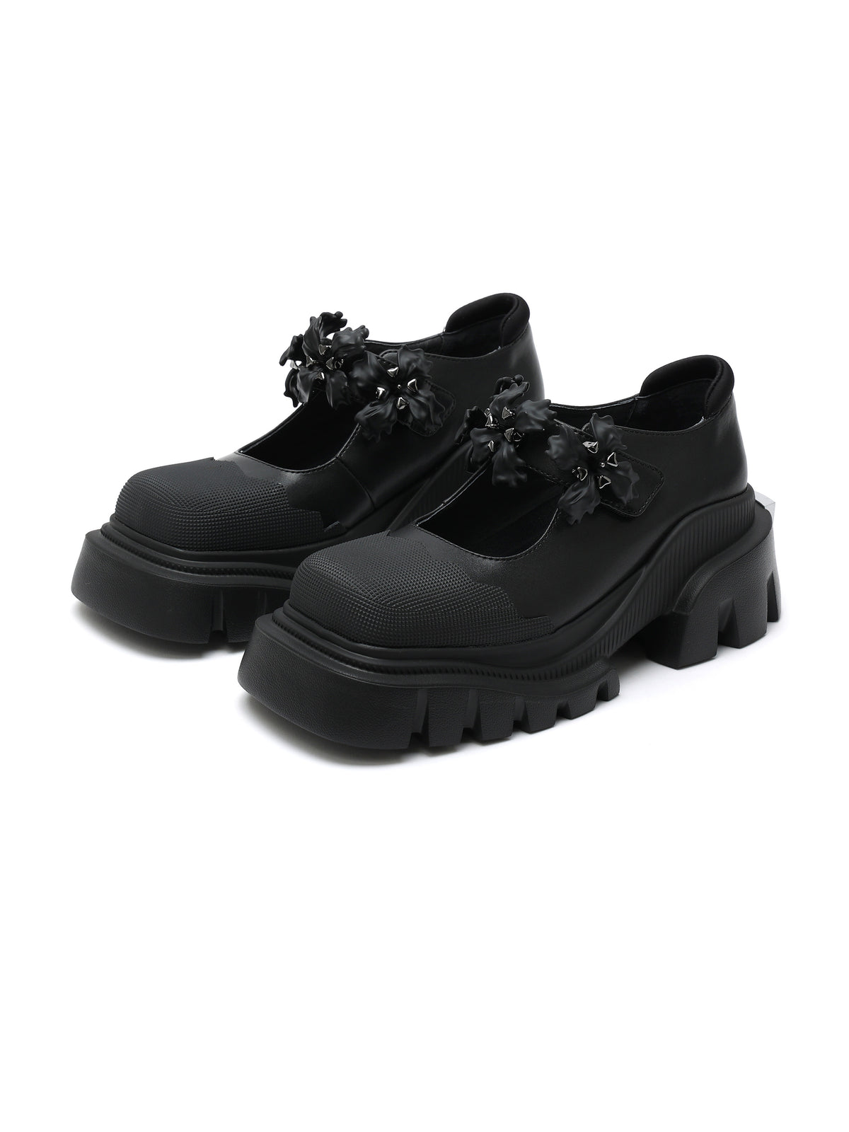 PASITHEA Mary Janes mit Blumenbesatz, klobig, Schwarz