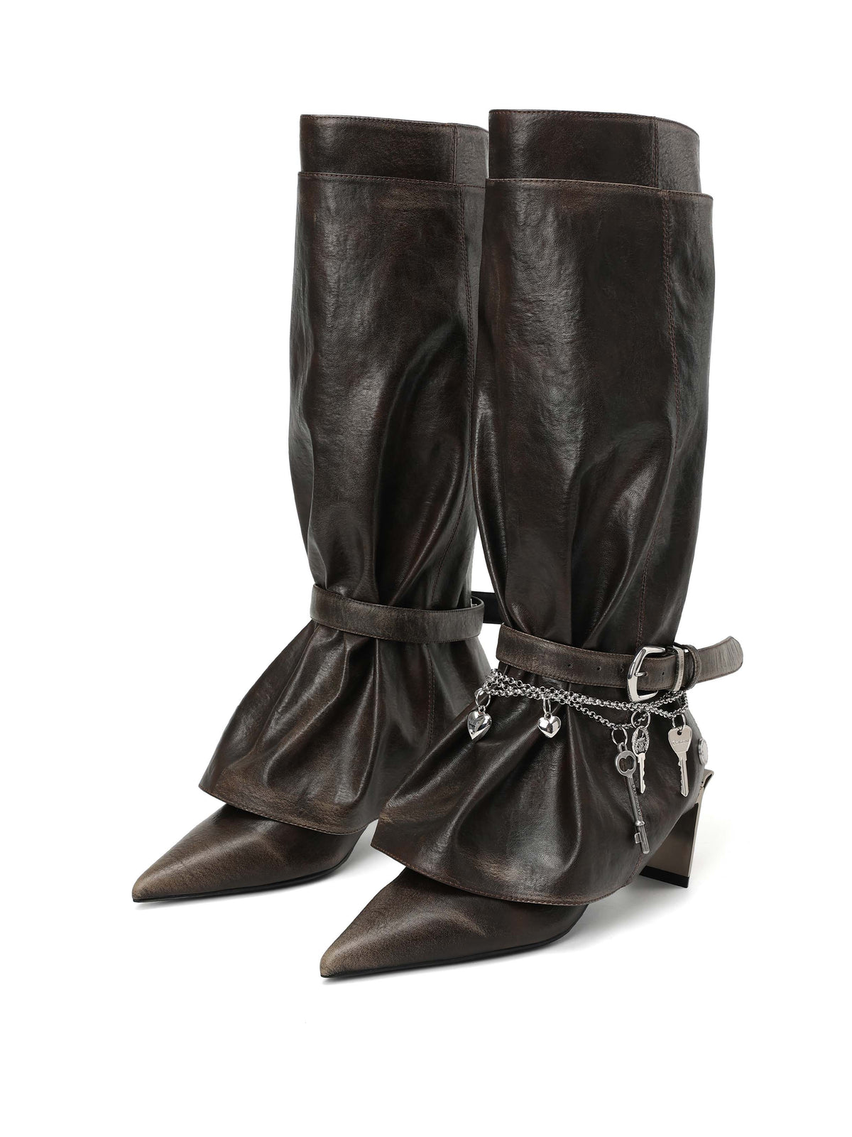 KER Detachable Gaiter Knee-High Boots Distressed Black