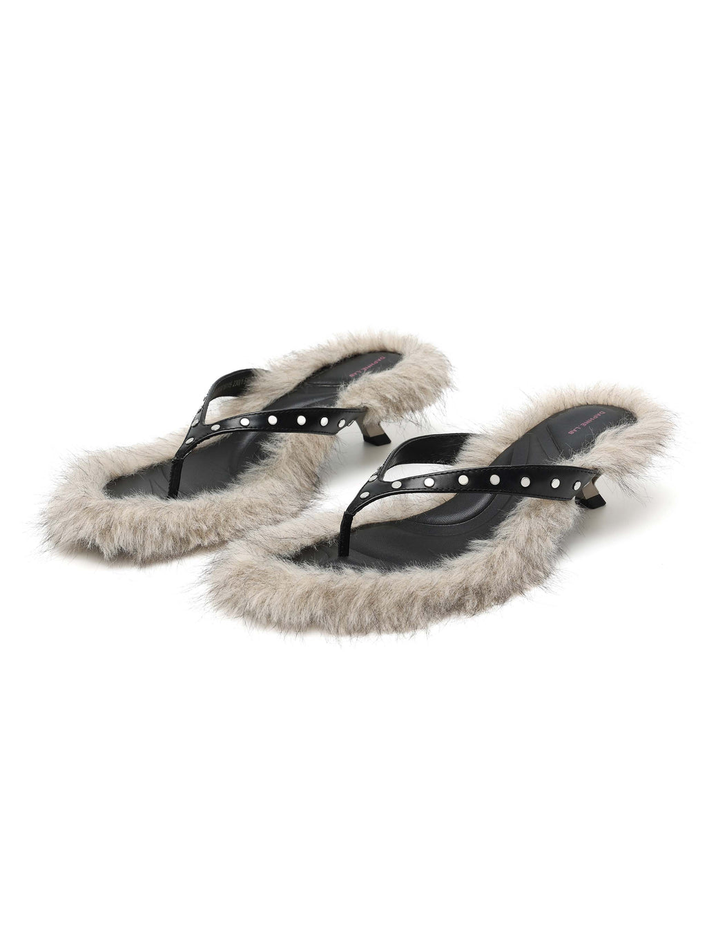 VESTA Fur Studded Opener Heel Thong Sandals Black