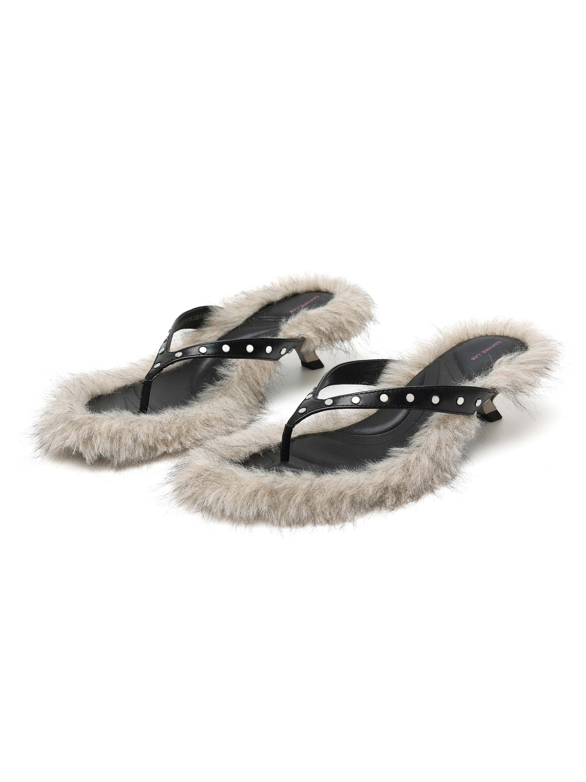 VESTA Fur Studded Opener Heel Thong Sandals Black