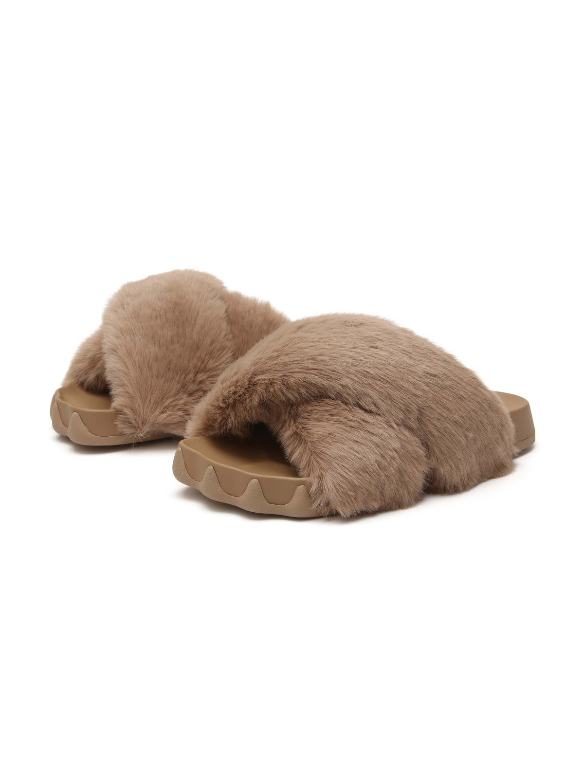 HESTIA Fur Cross-Strap Slides Khaki Brown