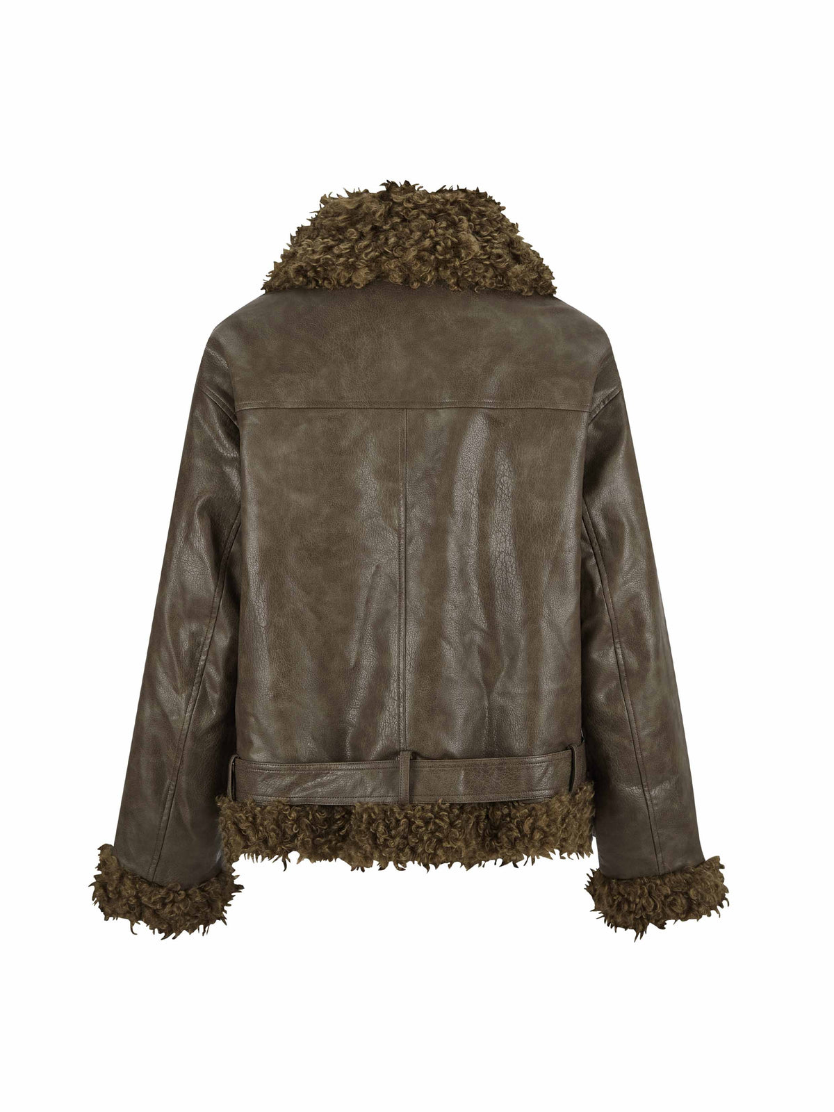 Faux Shearling Belted Biker Jacket Olive Brown