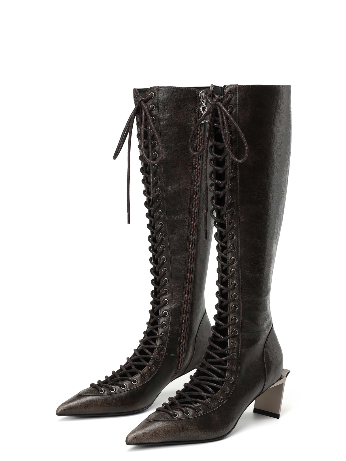 MELINOE Lace-Up Knee-High Boots Distressed Black