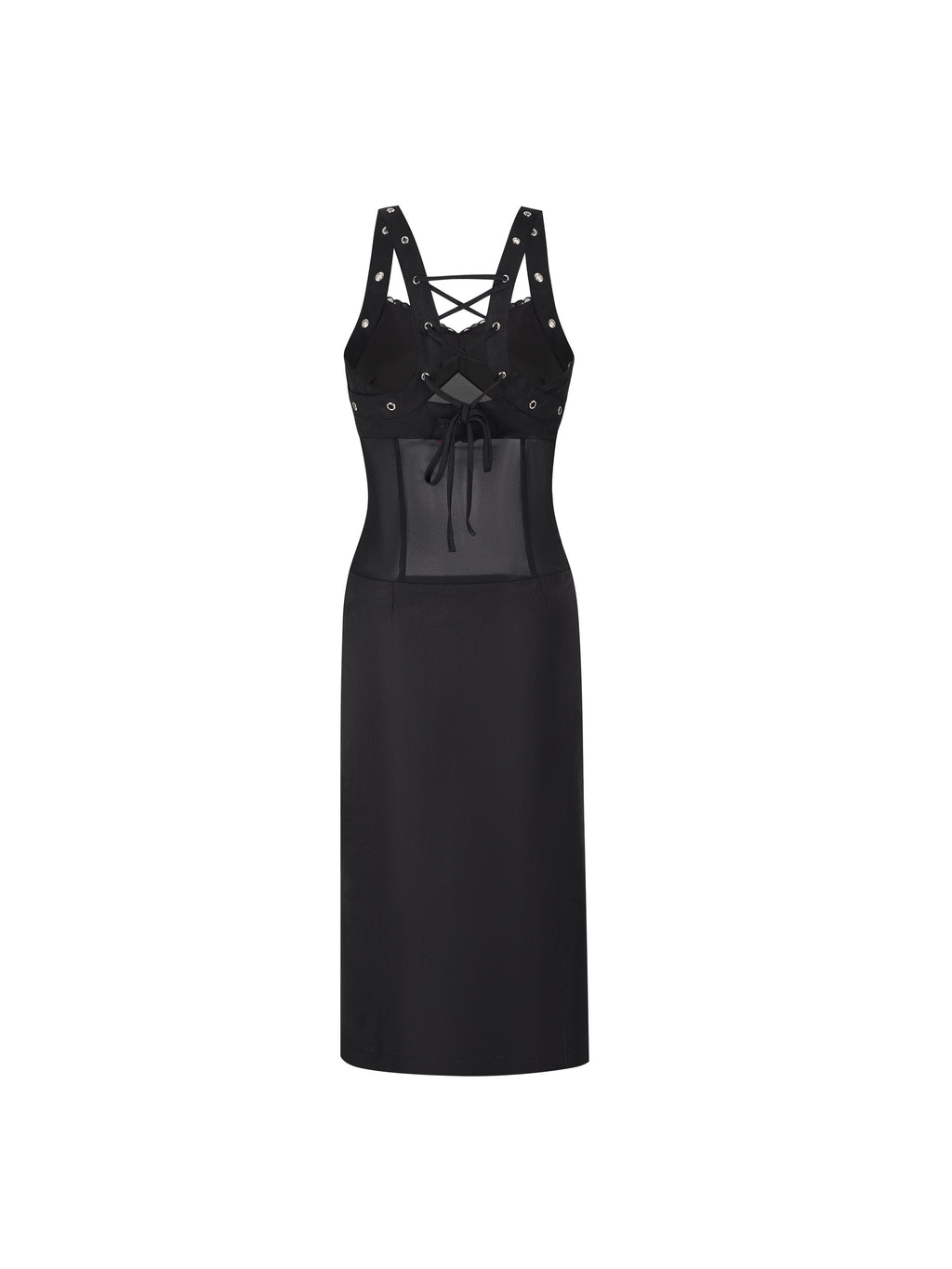 Studded Lace-Up Mesh Midi Dress Black