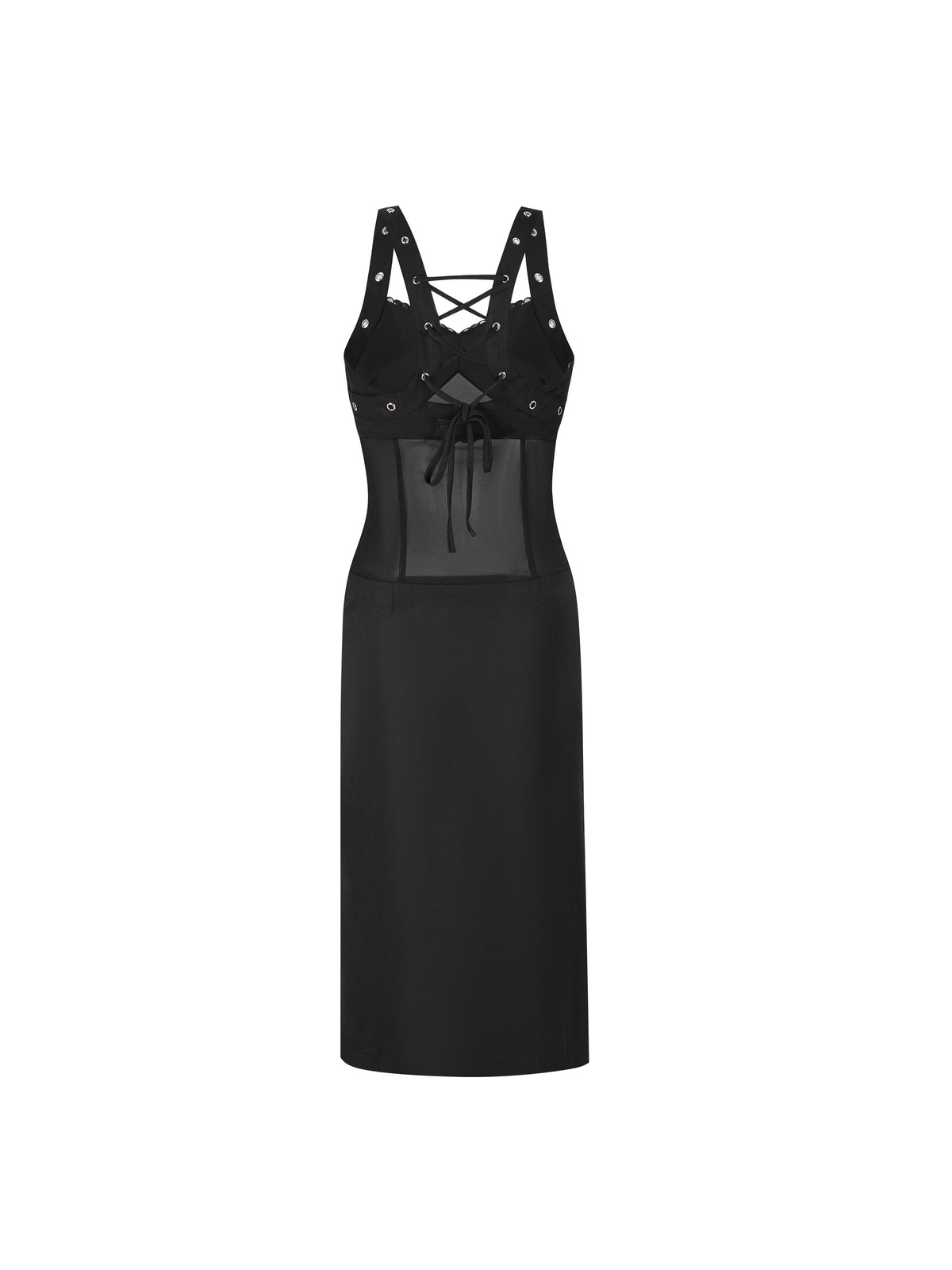 Studded Lace-Up Mesh Midi Dress Black