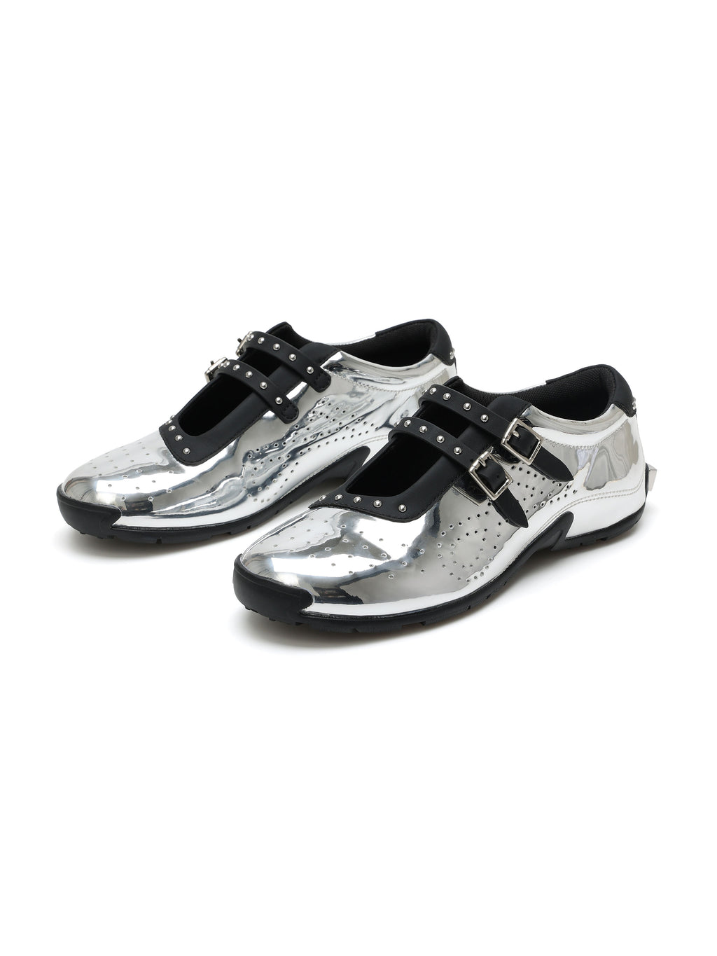 GALENE Double-Buckle Mary Jane Flats Metallic Silver