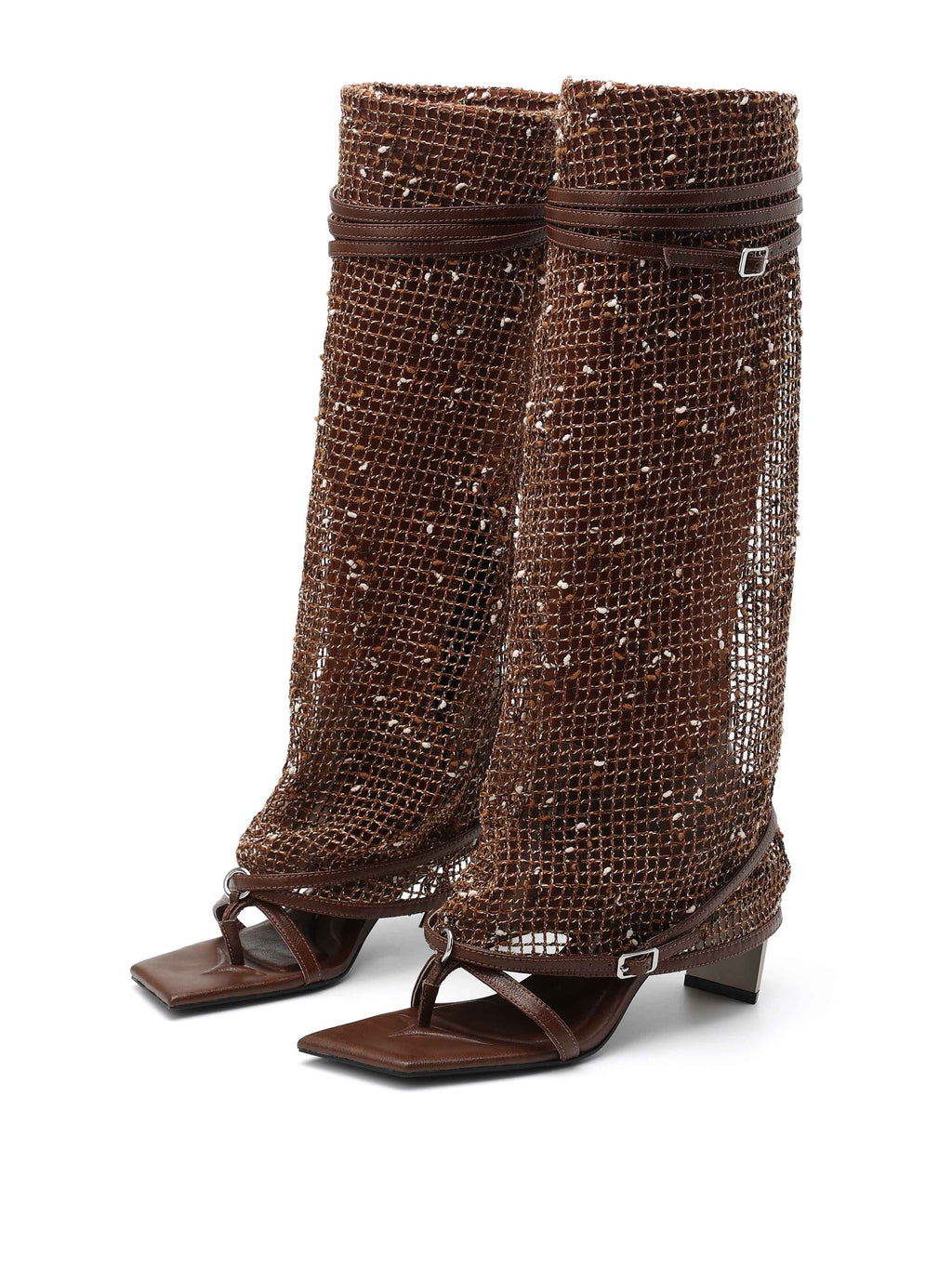 IDA Kniehohe Stiefel mit Zehenring aus gewebtem Schokoladenbraun