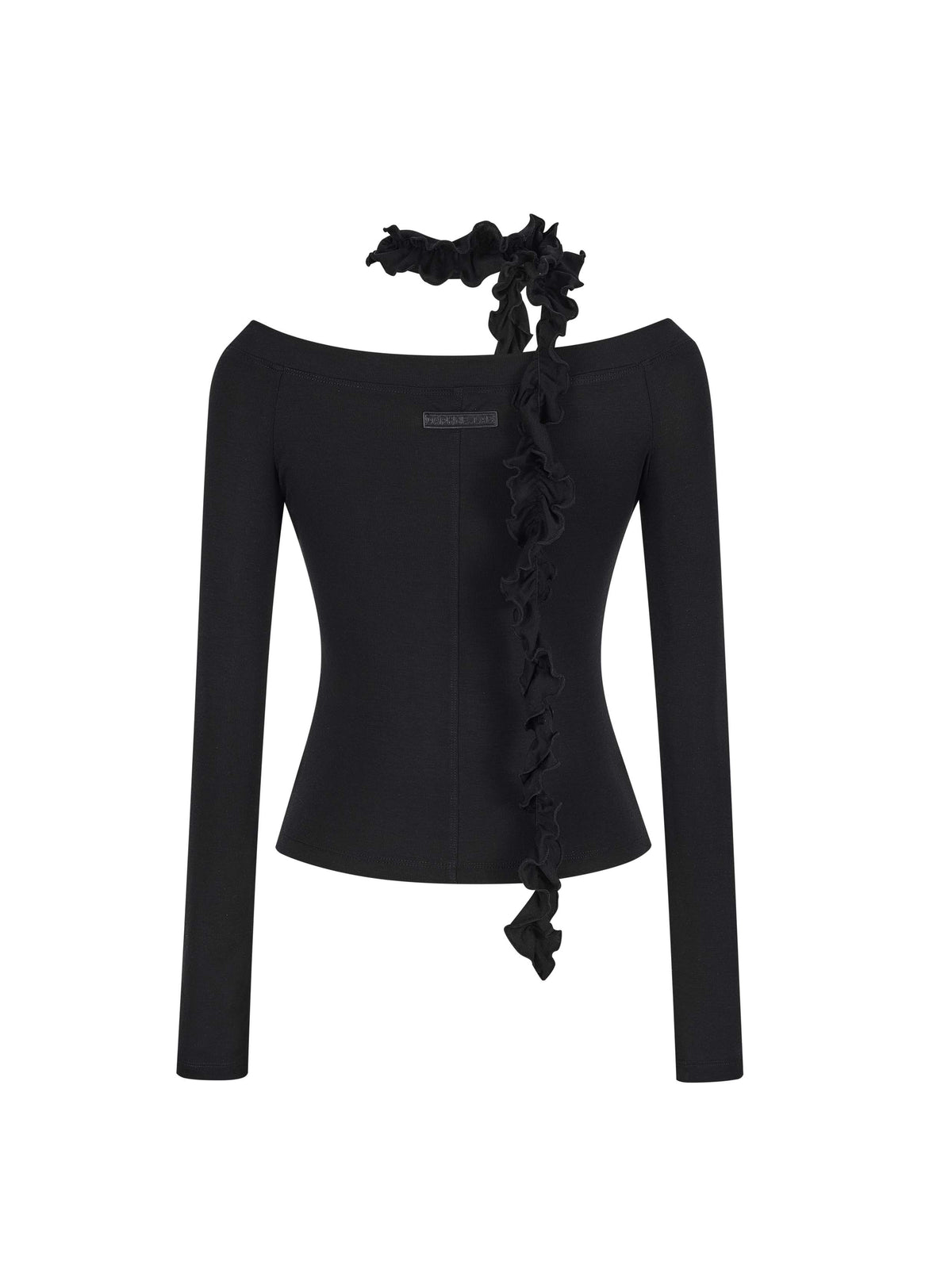 Lace Panel Off-Shoulder Top with Ruffle Scarf Black