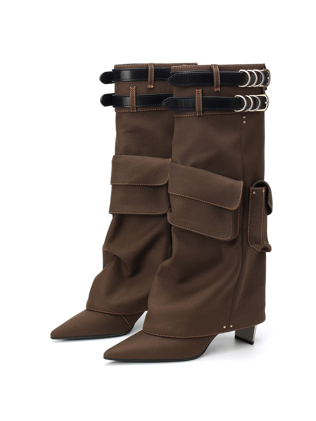 ADRASTEIA Denim Cargo Knee-High Boots Brown