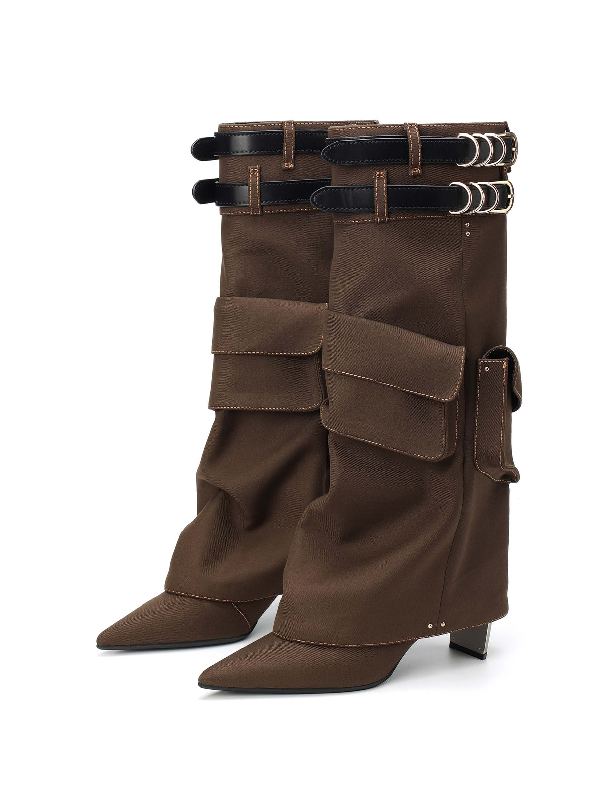 ADRASTEIA Denim Cargo Knee-High Boots Brown