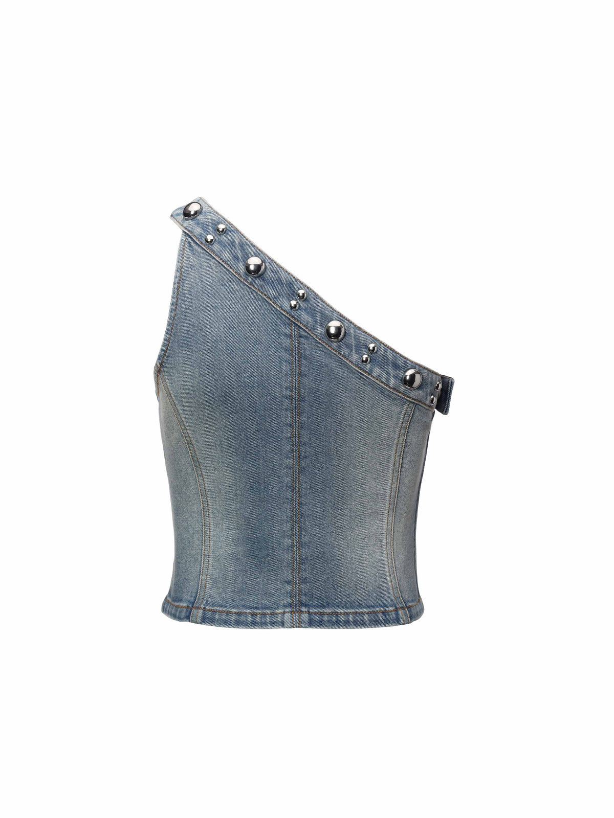 Studded One-Shoulder Denim Top Light Blue