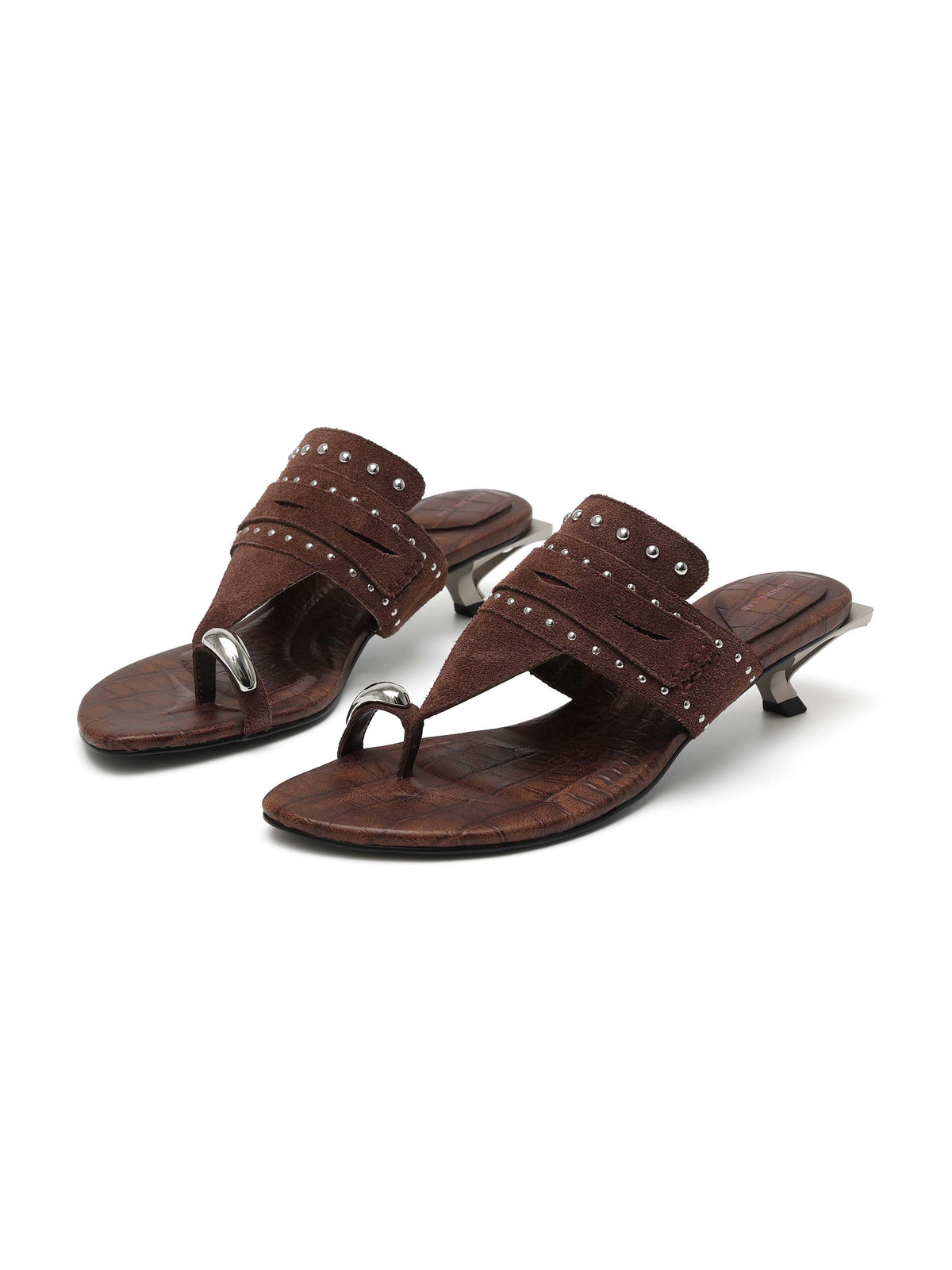 CARPO Studded Thong Opener Heel Sandals Chocolate Brown