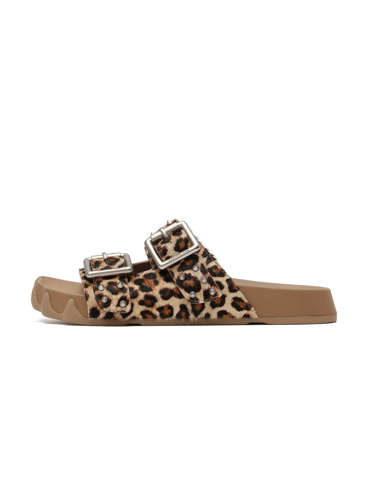 HARPINA Studded Paw Sole Slides Leopard Pony Hair