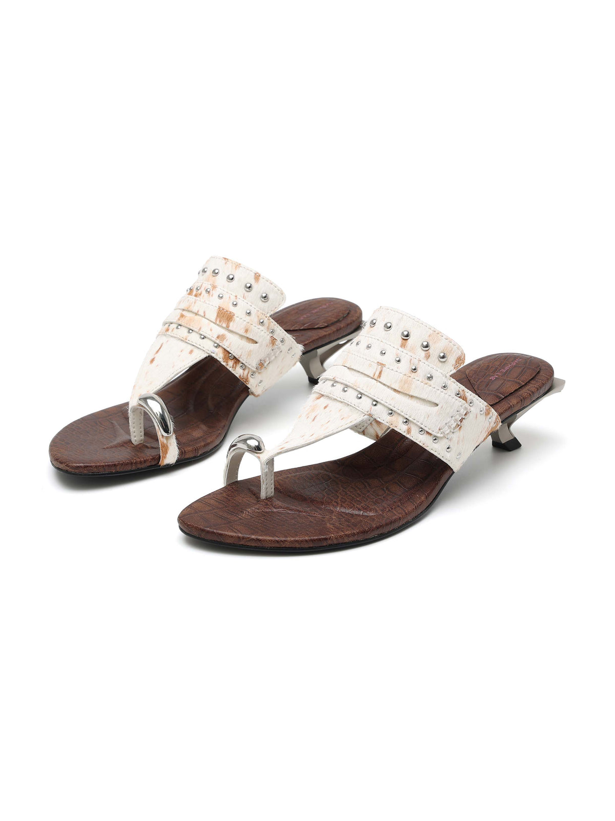 CARPO Horse Hair Studded Thong Opener Heel Sandals Brown Cow Print