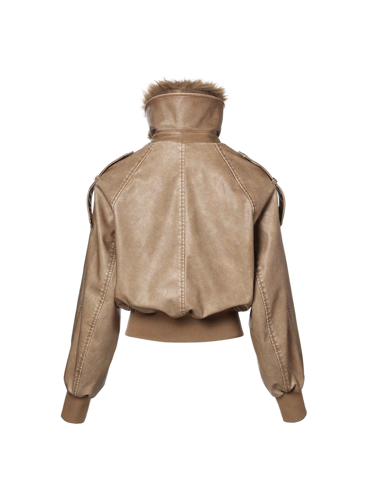 Detachable Fur-Collar Washed Moto Jacket Khaki Brown