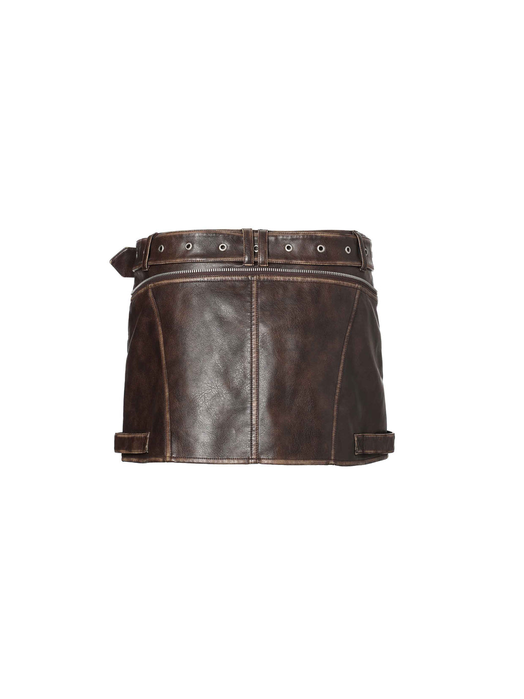 Distressed Biker Buckle Mini Skirt Brown