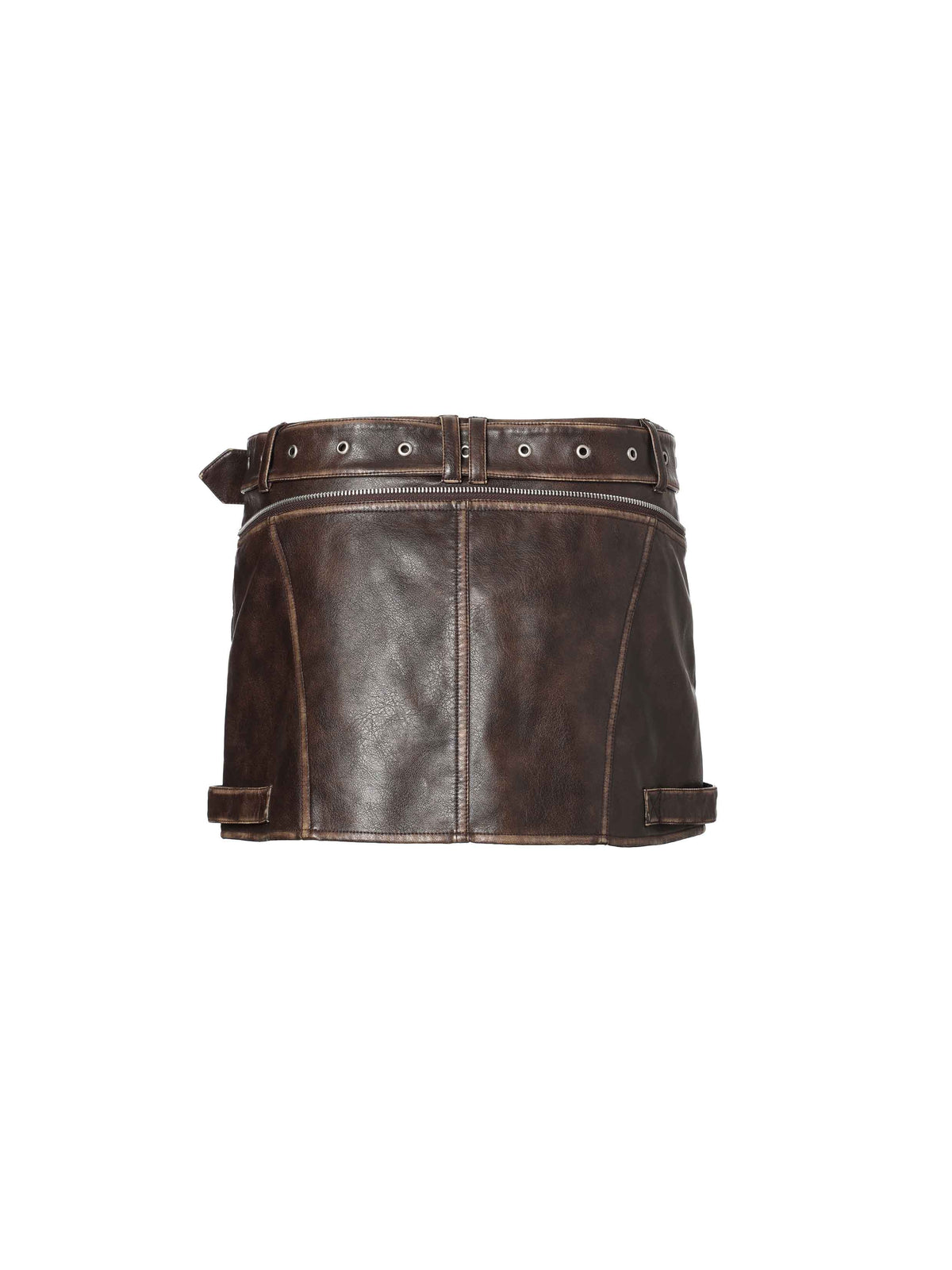Distressed Biker Buckle Mini Skirt Brown
