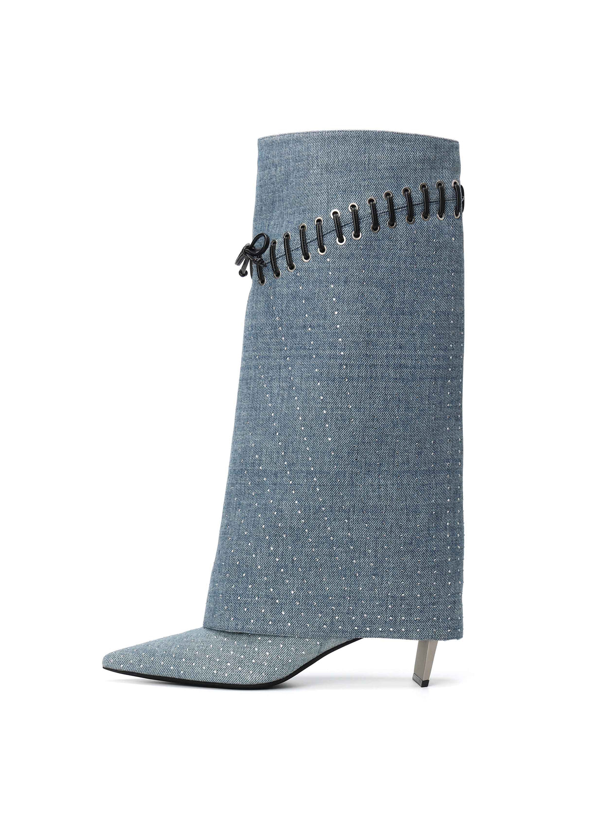 AGLAIA Crystal Denim Knee-High Boots Light Blue