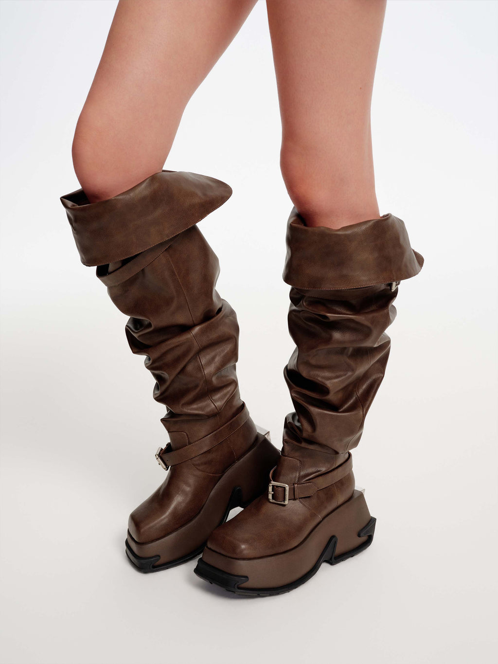 NEMESIS Buckle Platform OTK Boots Cocoa Brown