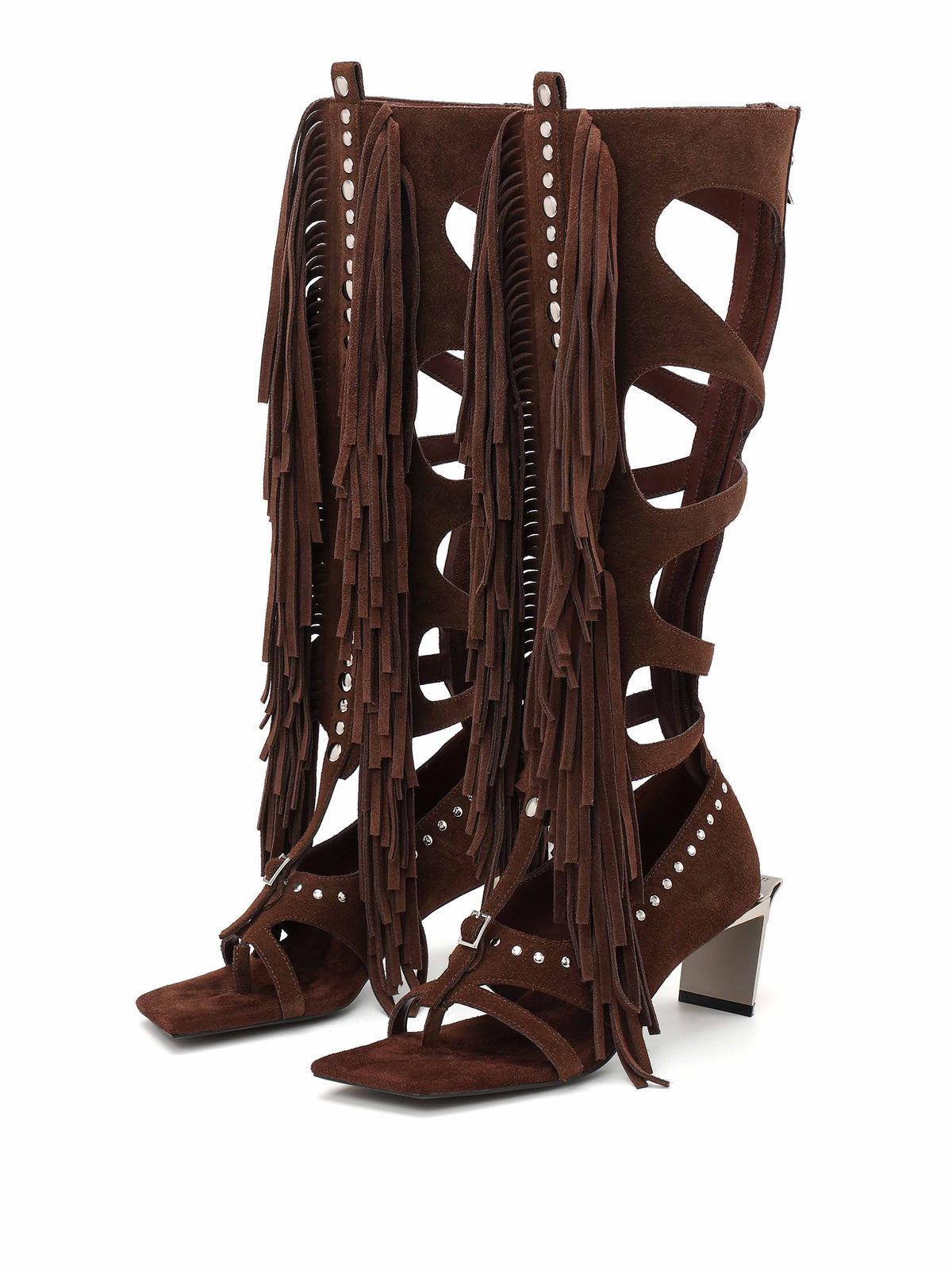DRYOPE Fringe Thong Knee-High Boots Cocoa Brown