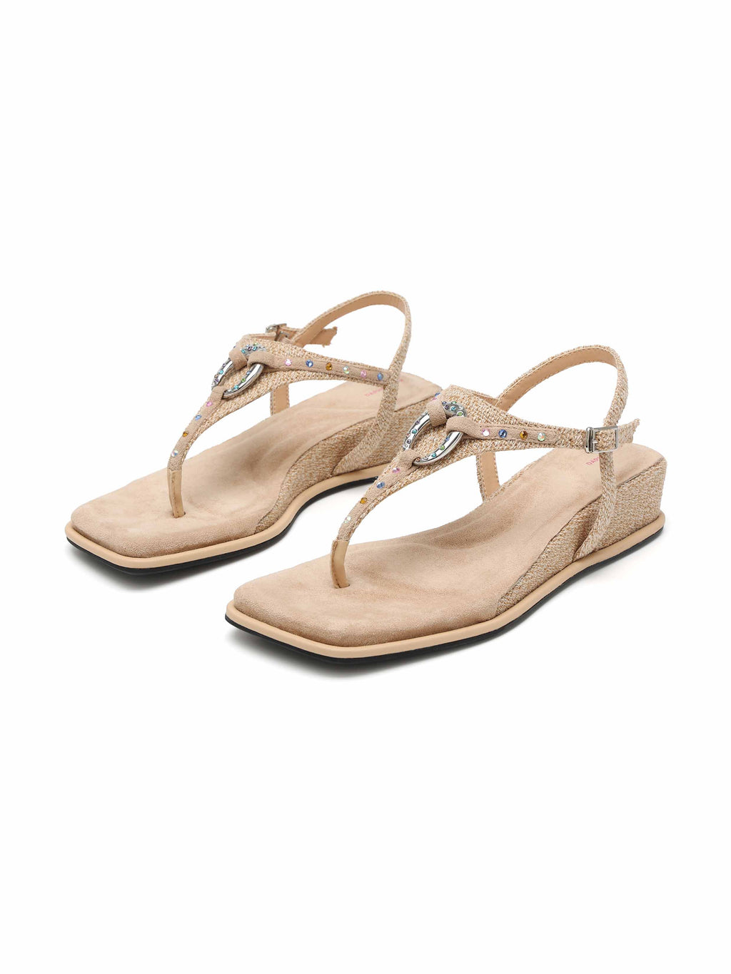 THEIA Crystal Ring Wedge Thong Sandals Beige