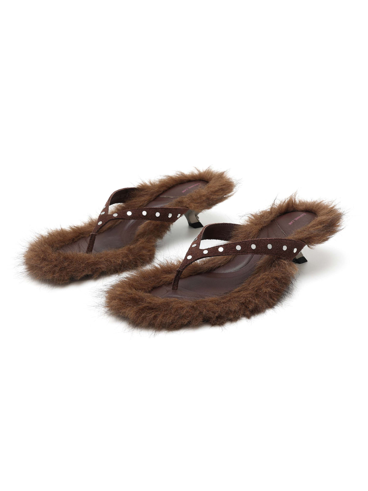 VESTA Fur Studded Opener Heel Thong Sandals Brown